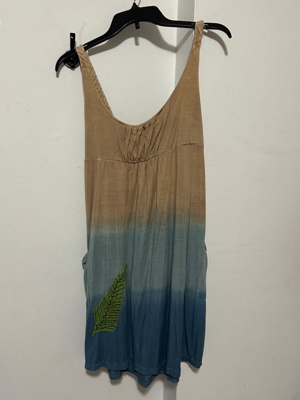 Handmade in Nepal, Ombre Tank Mini Dress in Tan and Blue with Green leaf detail
